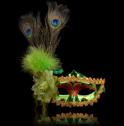 Chrome Masquerade Mask with Feather Flower and Lace - Green